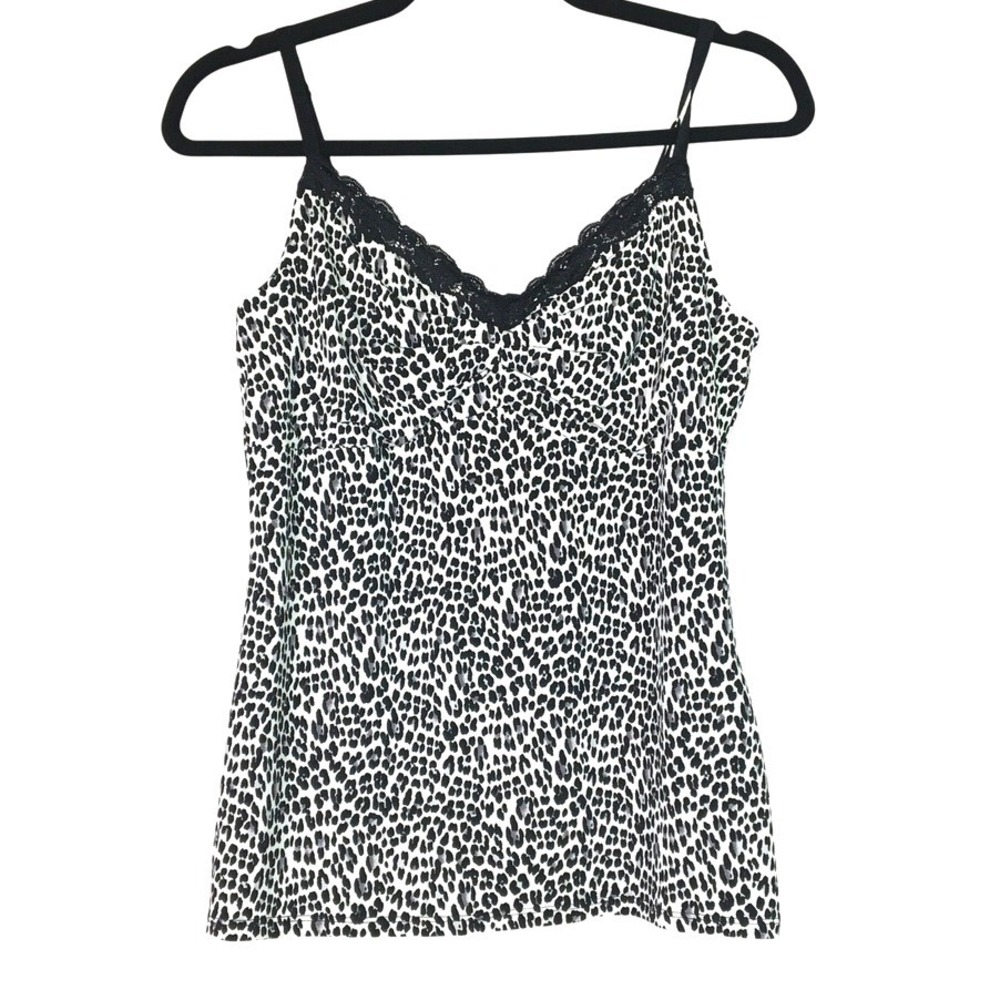 White House Black Market Leopard Lace Trim Cami Top Size M Black White‎